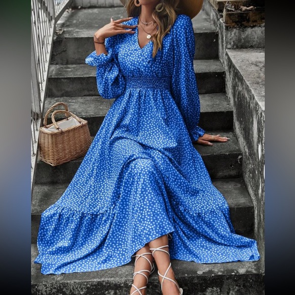 Dresses & Skirts - Boho polka dots flounce sleeve ruffle hem maxi dress fall